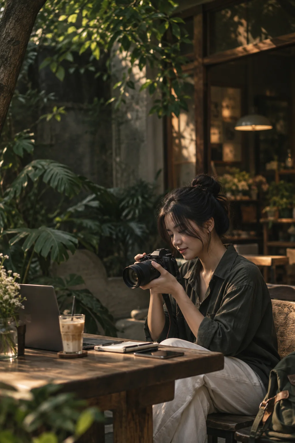 A creator filming content in a leafy coffee workspace