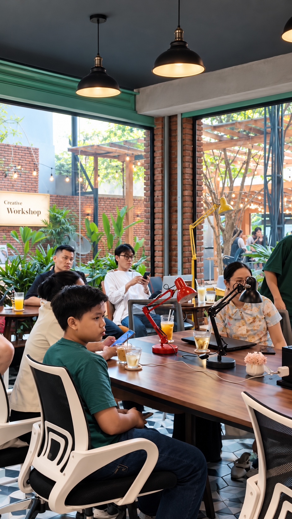 Participants discussing AI filmmaking at Hy Garden