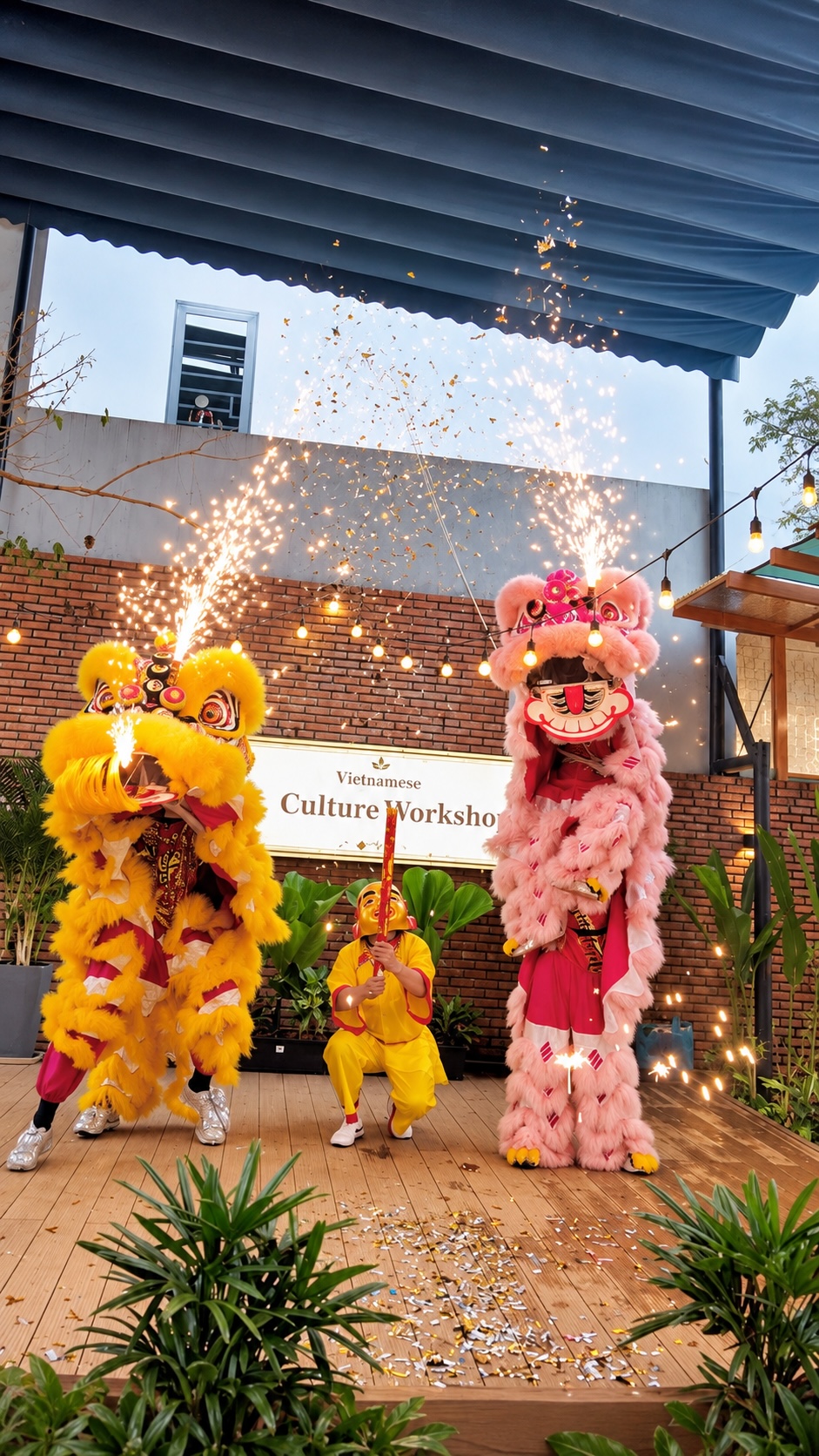 Lion dancers performing for guests in a festive garden setting